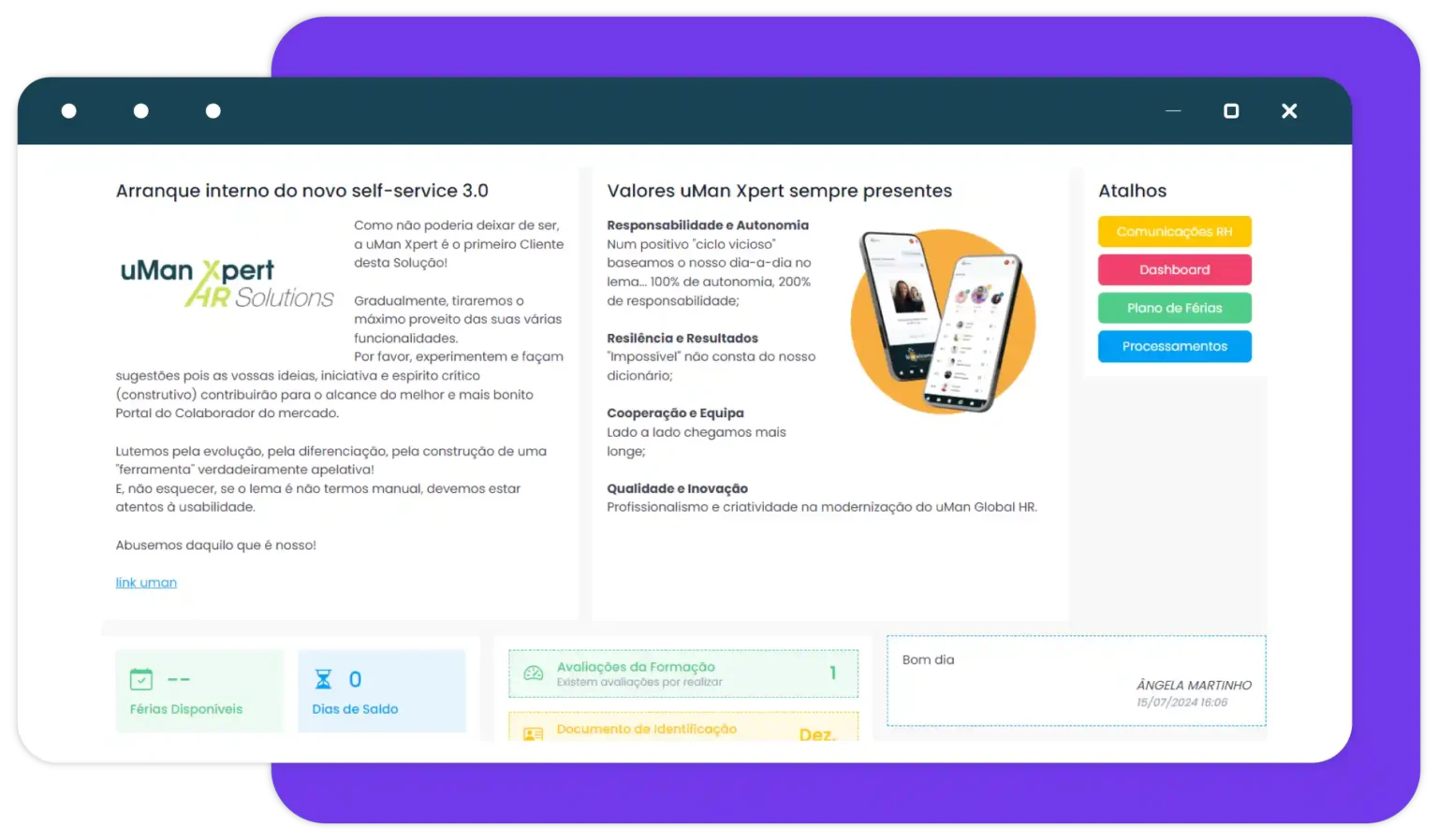 Ecrã do Portal do Colaborador do uMan Global HR, mostrando acesso a documentos, férias e dados pessoais.