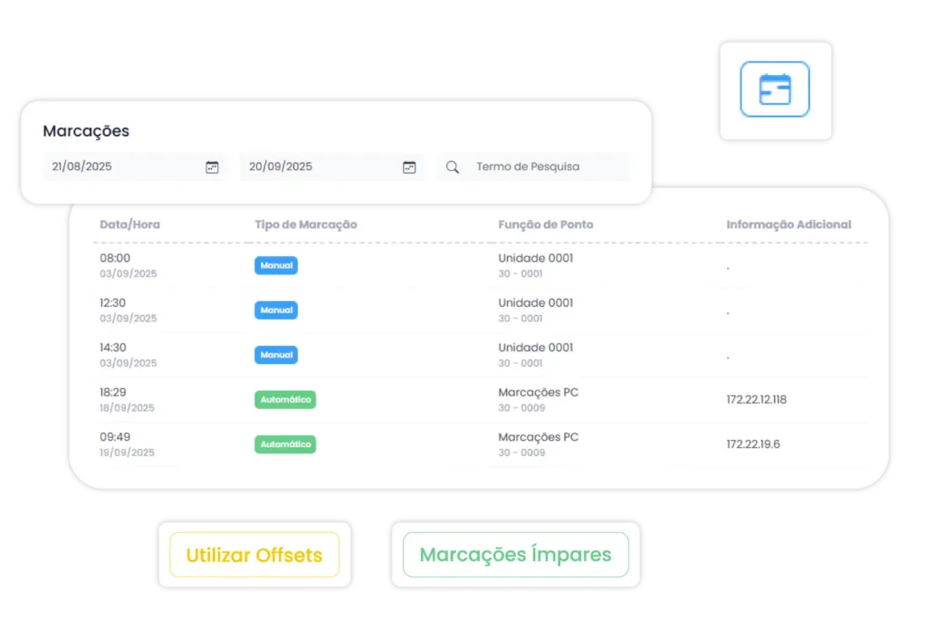 Interface do módulo de controlo de presenças do uMan Global HR, com marcações automáticas de entrada e saída de colaboradores.