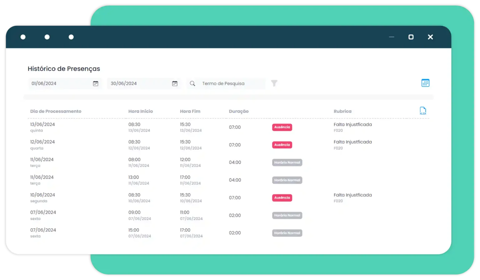 Painel do módulo de Controlo de Presenças do uMan Global HR, mostrando horários, entradas e saídas de colaboradores.