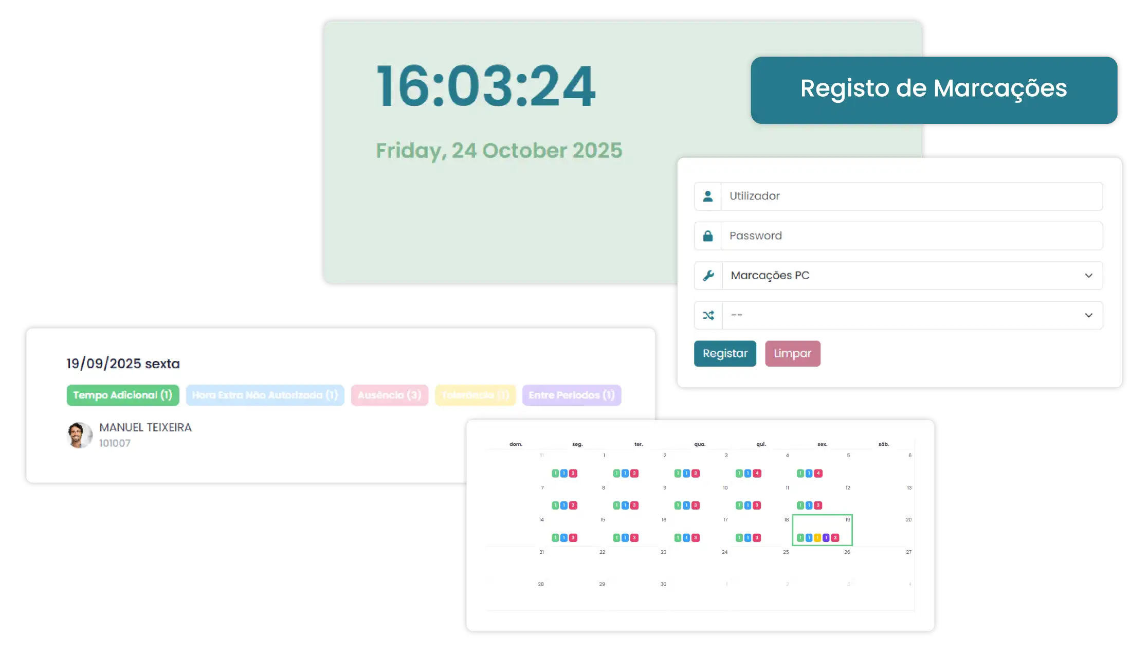 Interface de registo de marcações de presenças no computador, mostrando entrada, saída e integração automática com o sistema de RH do uMan Global HR.