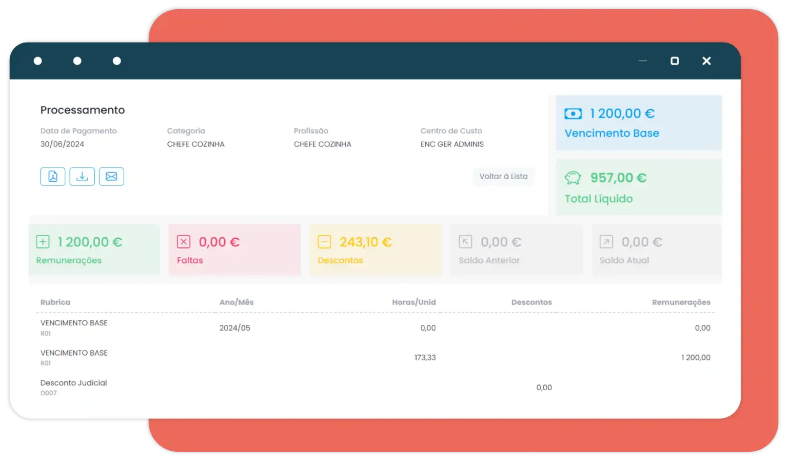 Interface do módulo de Processamento Salarial do uMan Global HR, com visualização de cálculos e recibos de salário.