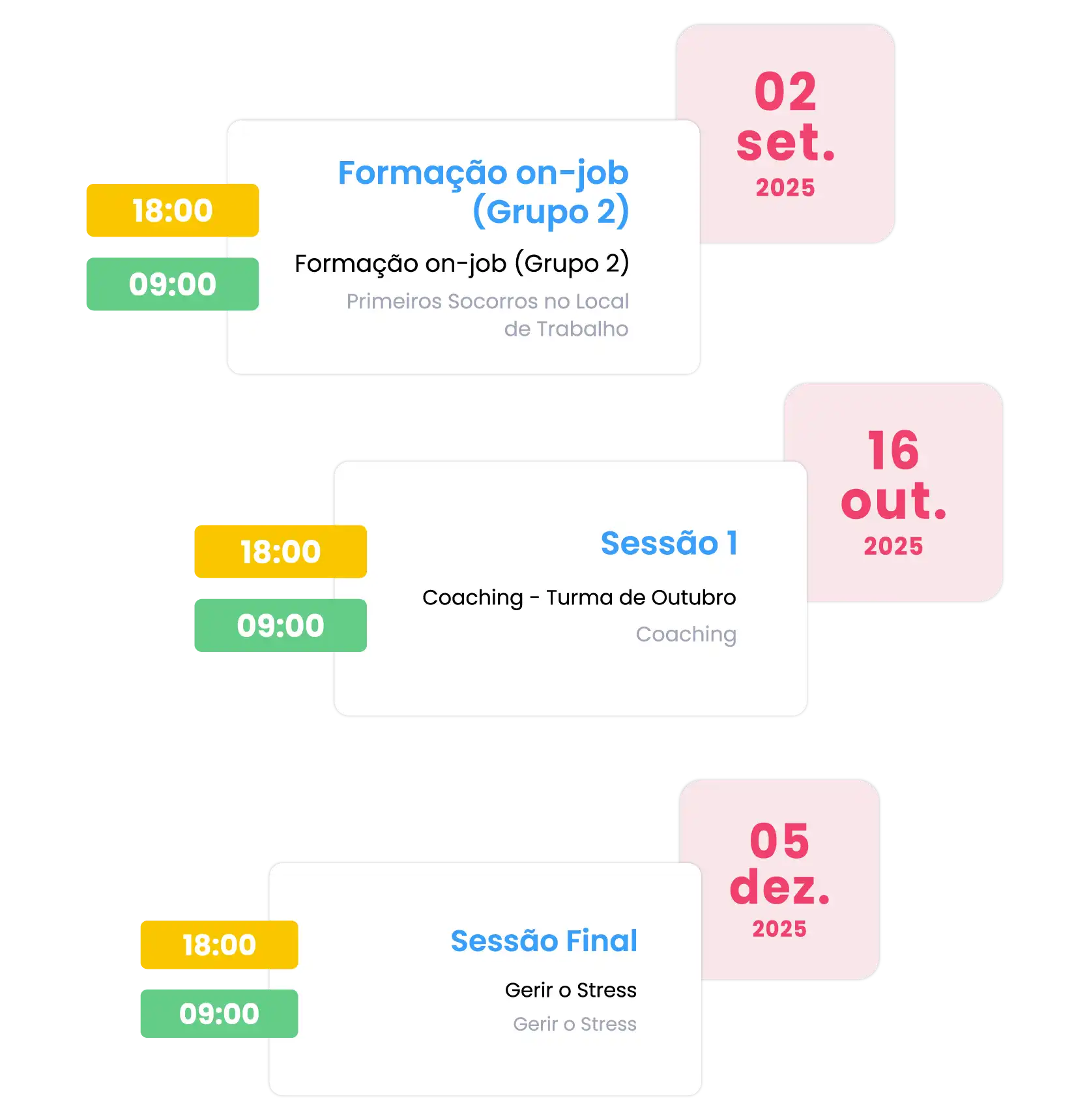 Calendário de formação no uMan Global HR com marcações de ações, horários definidos e alocação de formadores.