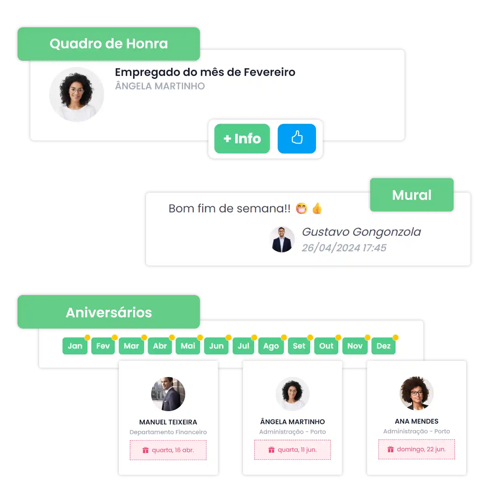 Interface do Portal do Colaborador uMan Global HR com funcionalidades especiais de gestão de documentos, notificações e comunicação com RH.