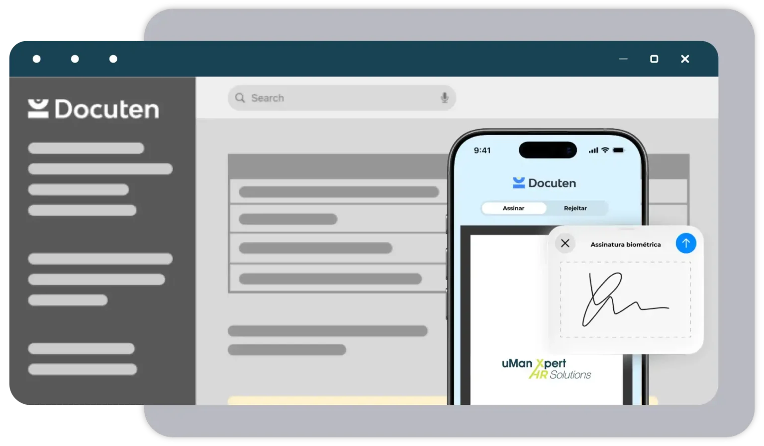 Interface do módulo da Assinatura Digital Certificada do uMan Global HR, com visualização da interface e interação